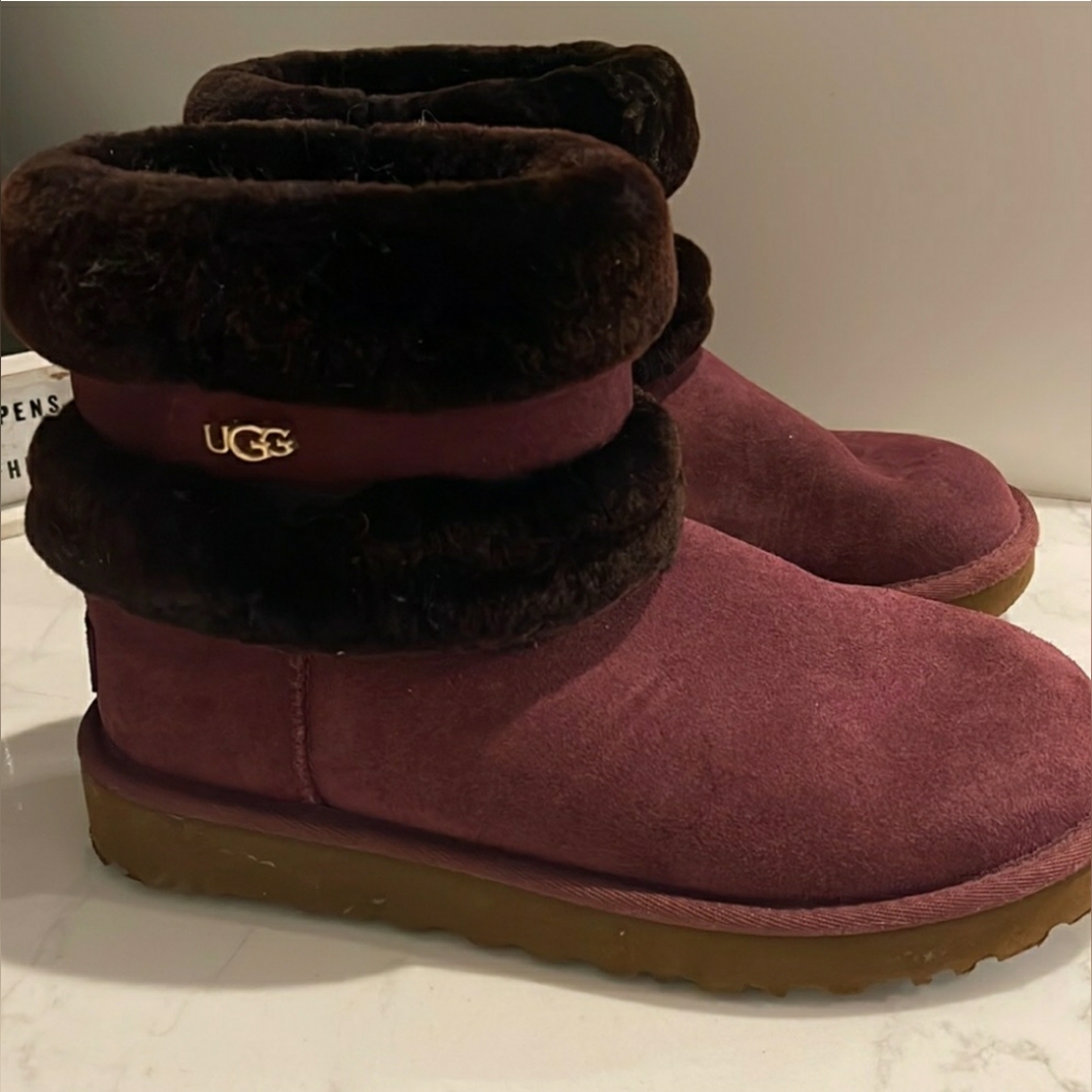 Ugg Fluff Mini Beltd Maroon Cold Weather / Snow Shearling Fledce Boots - Size 7